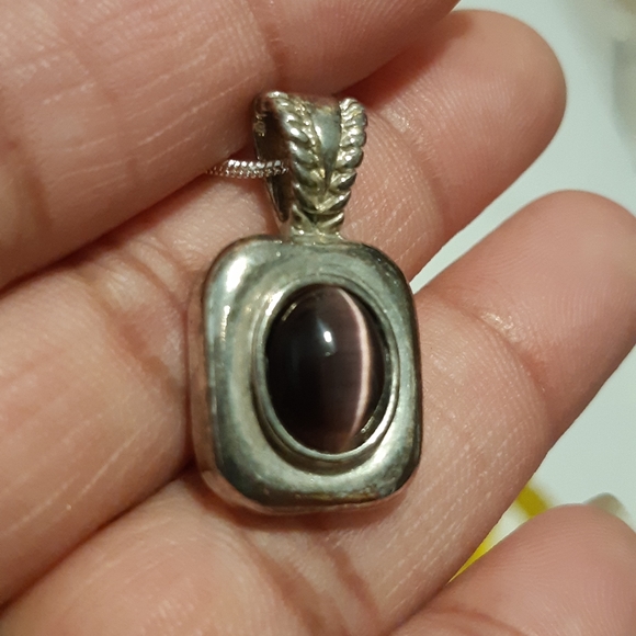 Purple Cats Eye Stone Necklace  Necklace Is Stamped 925, 24.5" Long,Pendant 1" L - Picture 4 of 8